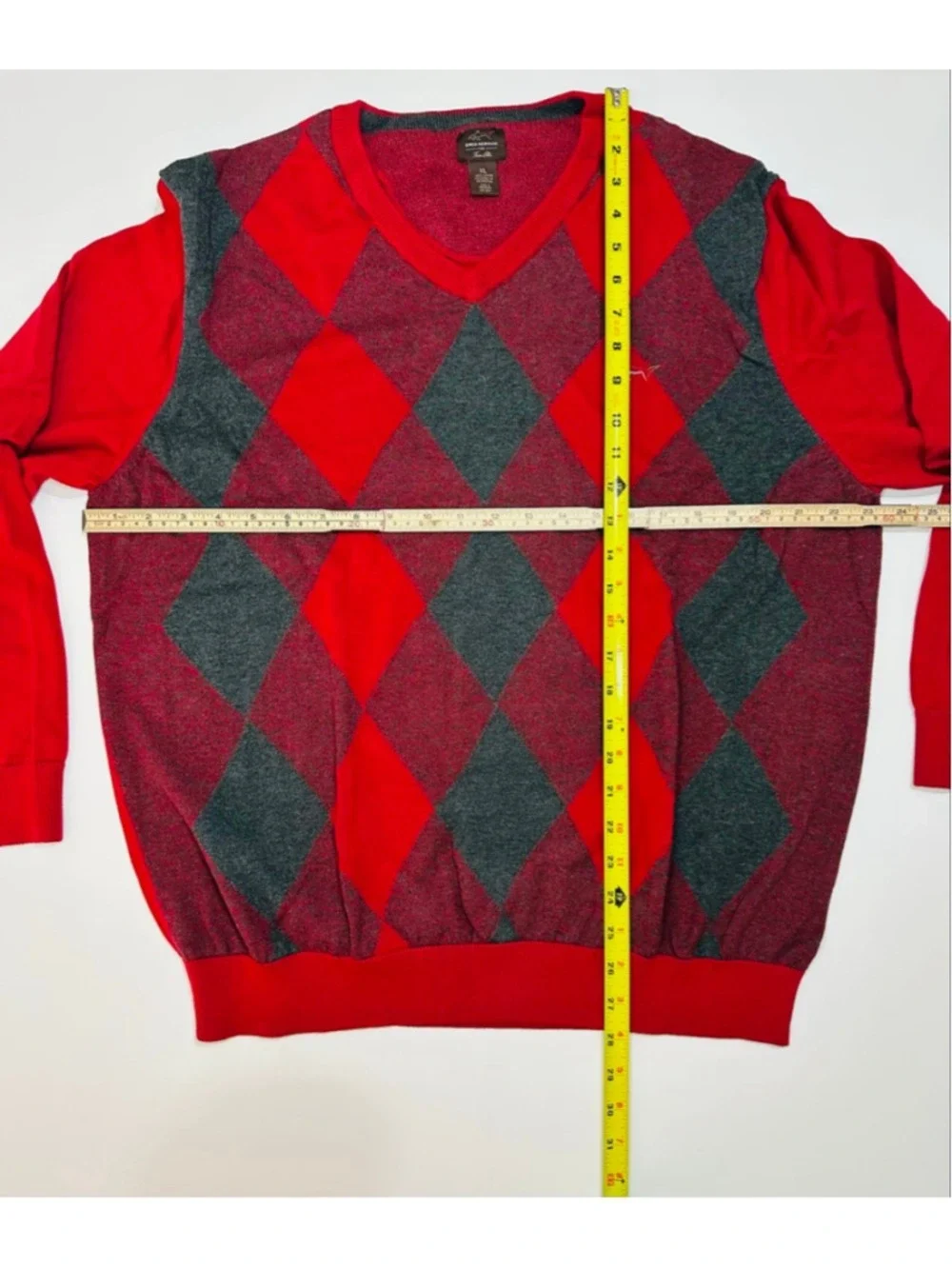 Greg Norman For Tasso Elba Argyle Sweater XL Red Gray V Neck Cotton Golf